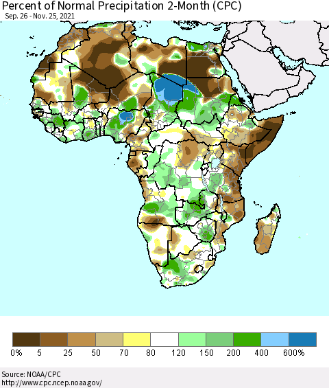 Africa Percent of Normal Precipitation 2-Month (CPC) Thematic Map For 9/26/2021 - 11/25/2021
