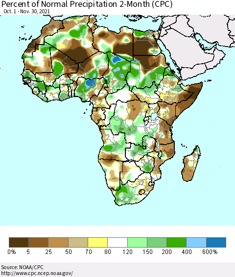 Africa Percent of Normal Precipitation 2-Month (CPC) Thematic Map For 10/1/2021 - 11/30/2021