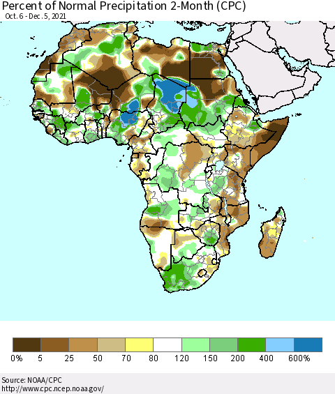 Africa Percent of Normal Precipitation 2-Month (CPC) Thematic Map For 10/6/2021 - 12/5/2021
