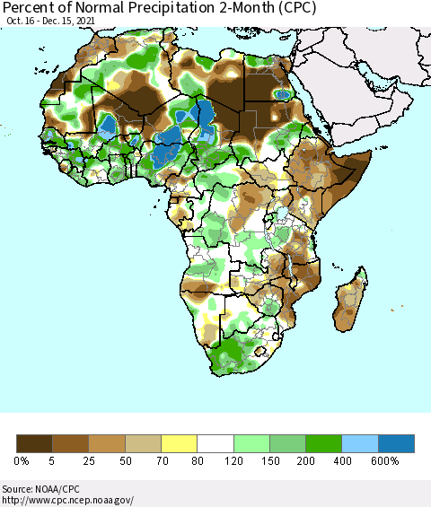 Africa Percent of Normal Precipitation 2-Month (CPC) Thematic Map For 10/16/2021 - 12/15/2021