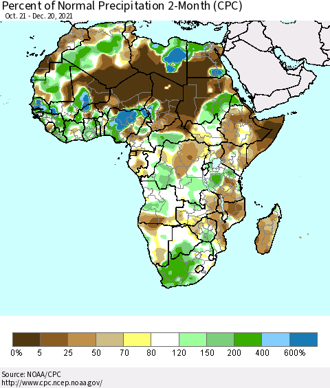 Africa Percent of Normal Precipitation 2-Month (CPC) Thematic Map For 10/21/2021 - 12/20/2021