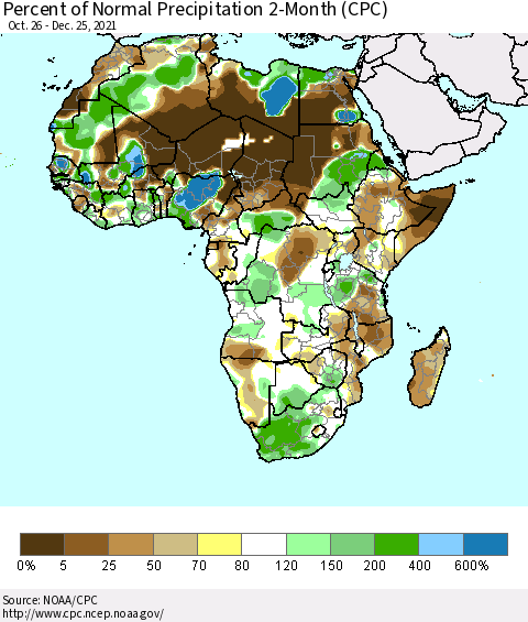 Africa Percent of Normal Precipitation 2-Month (CPC) Thematic Map For 10/26/2021 - 12/25/2021