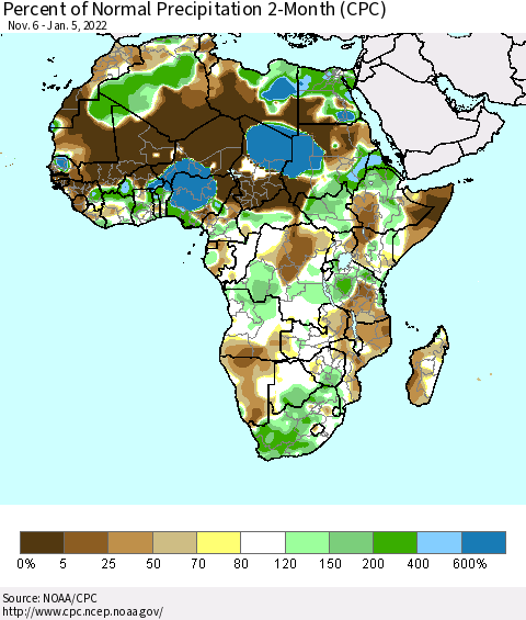 Africa Percent of Normal Precipitation 2-Month (CPC) Thematic Map For 11/6/2021 - 1/5/2022