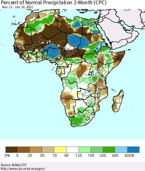 Africa Percent of Normal Precipitation 2-Month (CPC) Thematic Map For 11/11/2021 - 1/10/2022