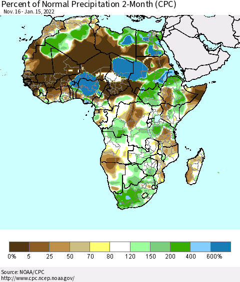 Africa Percent of Normal Precipitation 2-Month (CPC) Thematic Map For 11/16/2021 - 1/15/2022