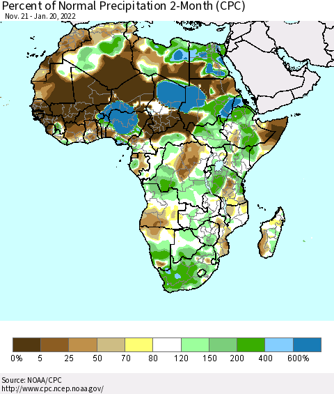 Africa Percent of Normal Precipitation 2-Month (CPC) Thematic Map For 11/21/2021 - 1/20/2022