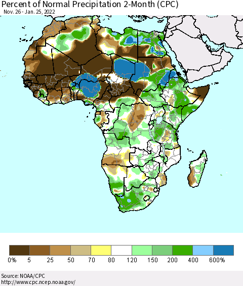 Africa Percent of Normal Precipitation 2-Month (CPC) Thematic Map For 11/26/2021 - 1/25/2022