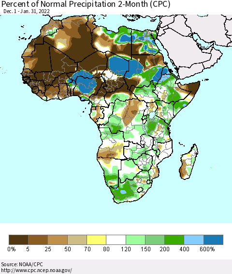 Africa Percent of Normal Precipitation 2-Month (CPC) Thematic Map For 12/1/2021 - 1/31/2022