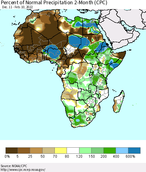 Africa Percent of Normal Precipitation 2-Month (CPC) Thematic Map For 12/11/2021 - 2/10/2022