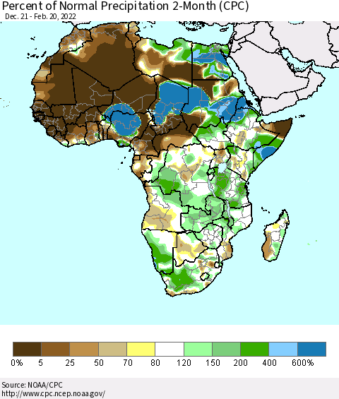 Africa Percent of Normal Precipitation 2-Month (CPC) Thematic Map For 12/21/2021 - 2/20/2022