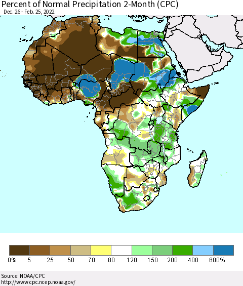 Africa Percent of Normal Precipitation 2-Month (CPC) Thematic Map For 12/26/2021 - 2/25/2022