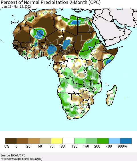 Africa Percent of Normal Precipitation 2-Month (CPC) Thematic Map For 1/16/2022 - 3/15/2022