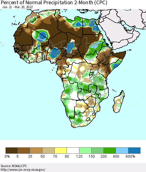 Africa Percent of Normal Precipitation 2-Month (CPC) Thematic Map For 1/21/2022 - 3/20/2022