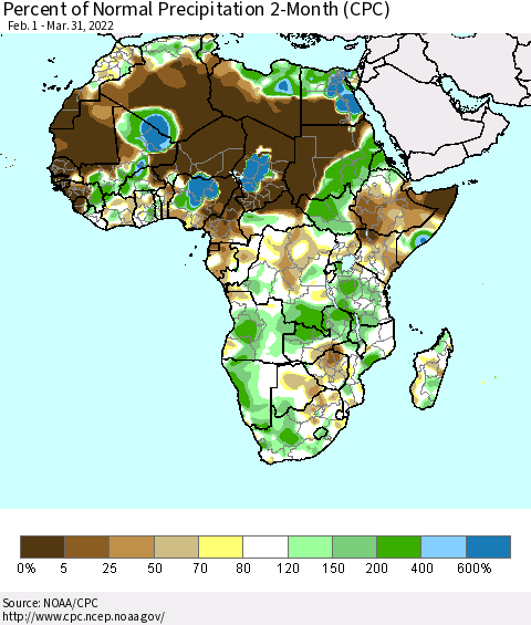 Africa Percent of Normal Precipitation 2-Month (CPC) Thematic Map For 2/1/2022 - 3/31/2022