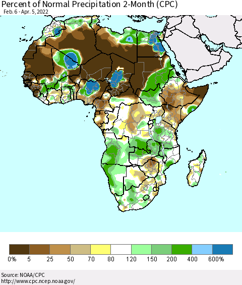Africa Percent of Normal Precipitation 2-Month (CPC) Thematic Map For 2/6/2022 - 4/5/2022