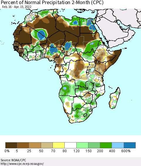 Africa Percent of Normal Precipitation 2-Month (CPC) Thematic Map For 2/16/2022 - 4/15/2022