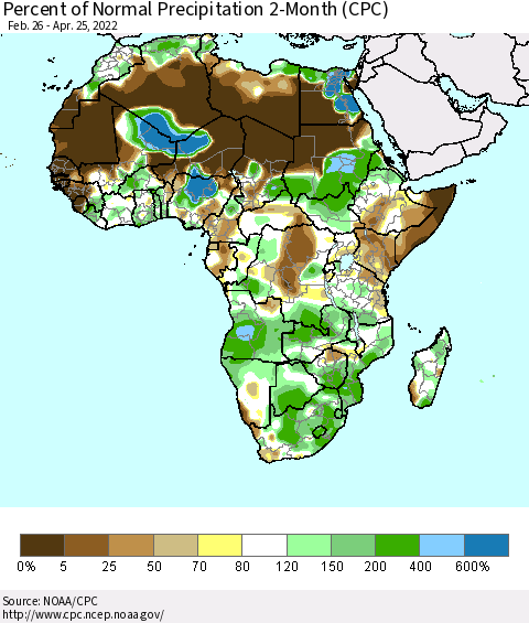 Africa Percent of Normal Precipitation 2-Month (CPC) Thematic Map For 2/26/2022 - 4/25/2022