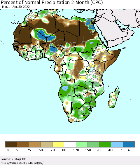 Africa Percent of Normal Precipitation 2-Month (CPC) Thematic Map For 3/1/2022 - 4/30/2022