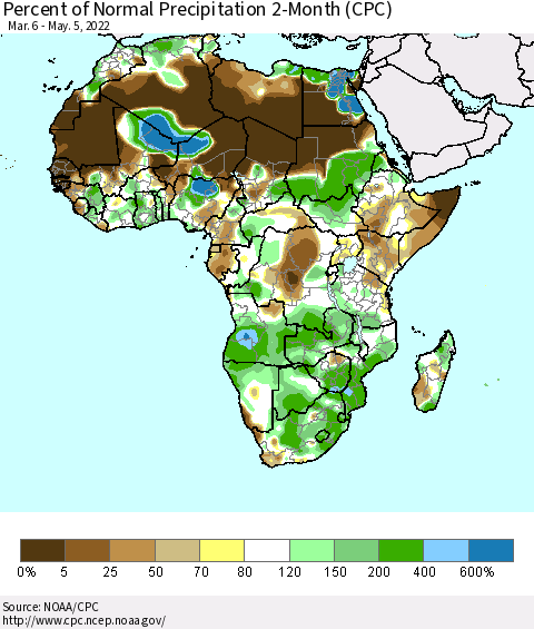 Africa Percent of Normal Precipitation 2-Month (CPC) Thematic Map For 3/6/2022 - 5/5/2022