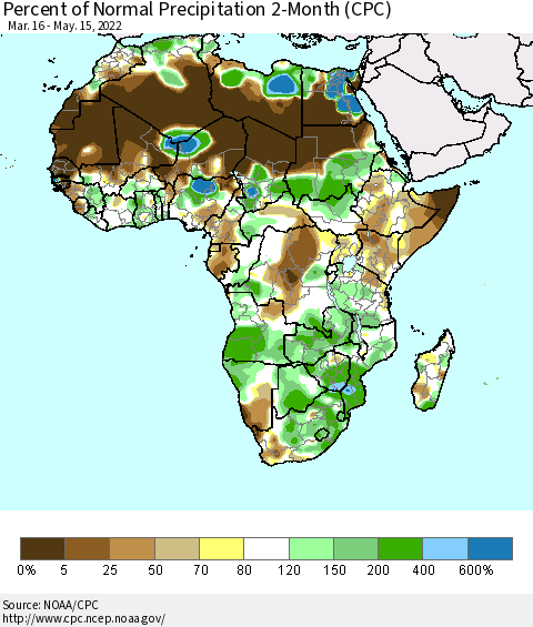 Africa Percent of Normal Precipitation 2-Month (CPC) Thematic Map For 3/16/2022 - 5/15/2022