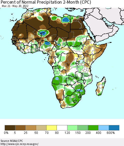 Africa Percent of Normal Precipitation 2-Month (CPC) Thematic Map For 3/21/2022 - 5/20/2022