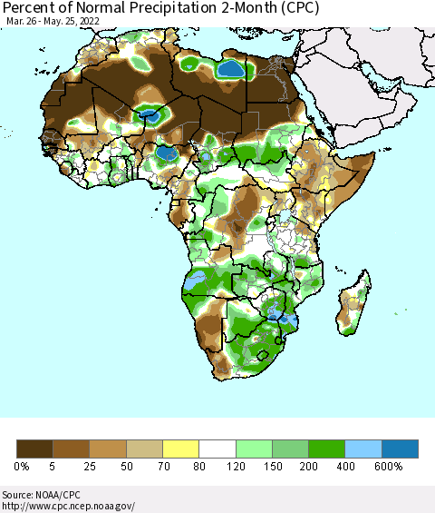 Africa Percent of Normal Precipitation 2-Month (CPC) Thematic Map For 3/26/2022 - 5/25/2022