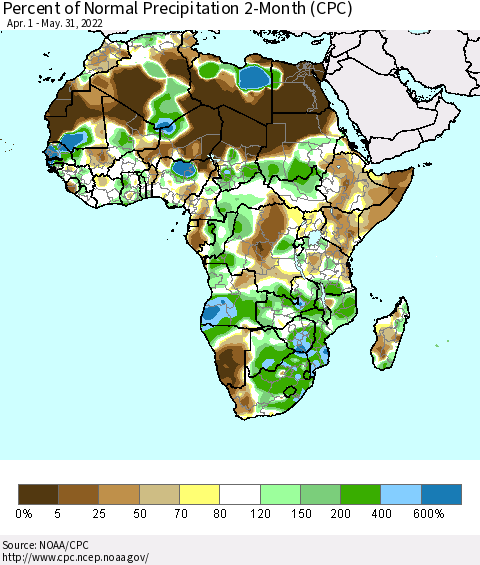 Africa Percent of Normal Precipitation 2-Month (CPC) Thematic Map For 4/1/2022 - 5/31/2022