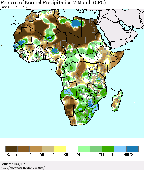 Africa Percent of Normal Precipitation 2-Month (CPC) Thematic Map For 4/6/2022 - 6/5/2022