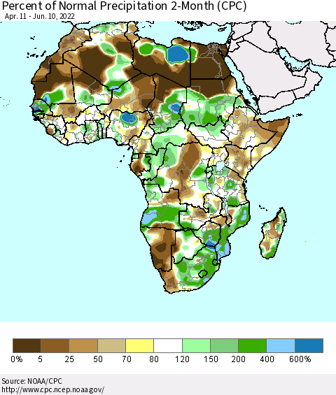Africa Percent of Normal Precipitation 2-Month (CPC) Thematic Map For 4/11/2022 - 6/10/2022
