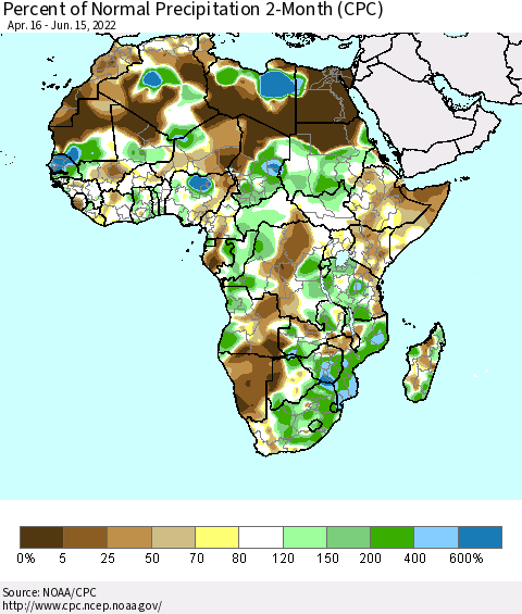 Africa Percent of Normal Precipitation 2-Month (CPC) Thematic Map For 4/16/2022 - 6/15/2022