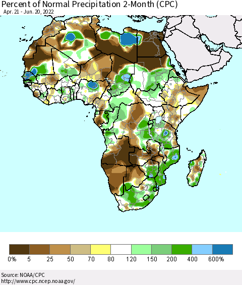 Africa Percent of Normal Precipitation 2-Month (CPC) Thematic Map For 4/21/2022 - 6/20/2022
