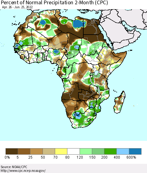 Africa Percent of Normal Precipitation 2-Month (CPC) Thematic Map For 4/26/2022 - 6/25/2022