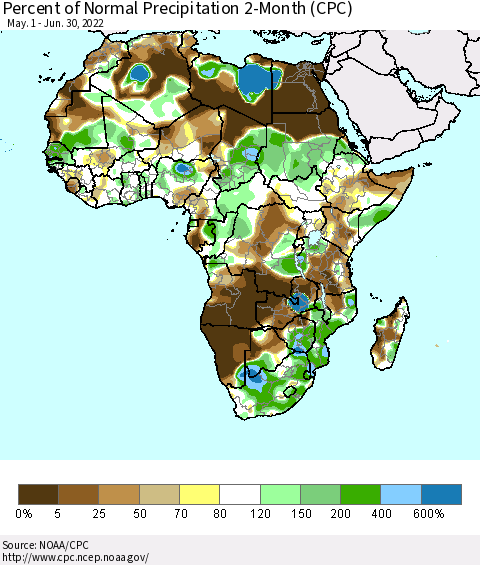 Africa Percent of Normal Precipitation 2-Month (CPC) Thematic Map For 5/1/2022 - 6/30/2022