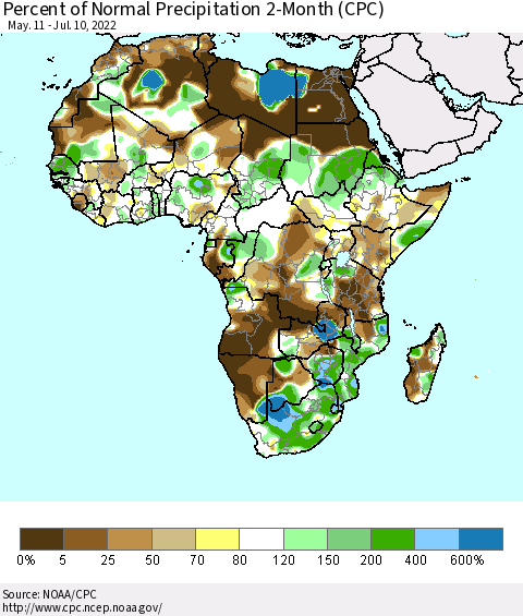 Africa Percent of Normal Precipitation 2-Month (CPC) Thematic Map For 5/11/2022 - 7/10/2022