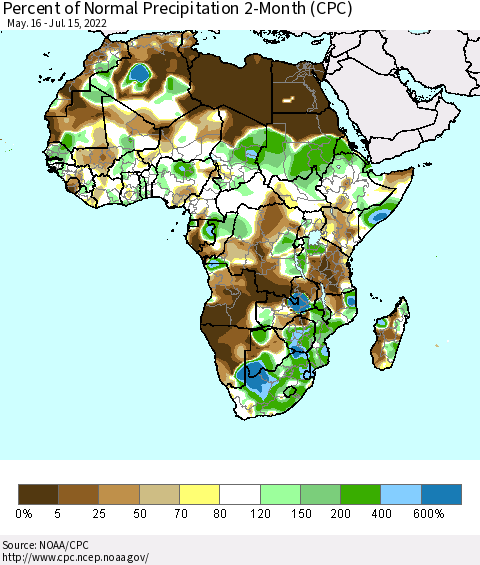Africa Percent of Normal Precipitation 2-Month (CPC) Thematic Map For 5/16/2022 - 7/15/2022