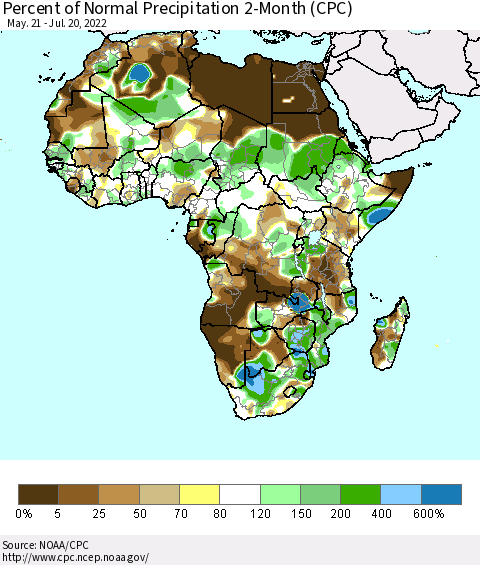 Africa Percent of Normal Precipitation 2-Month (CPC) Thematic Map For 5/21/2022 - 7/20/2022