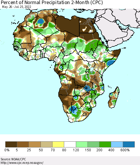 Africa Percent of Normal Precipitation 2-Month (CPC) Thematic Map For 5/26/2022 - 7/25/2022