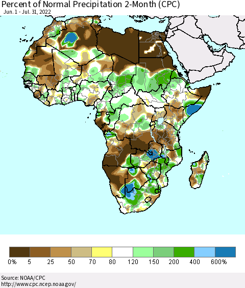 Africa Percent of Normal Precipitation 2-Month (CPC) Thematic Map For 6/1/2022 - 7/31/2022