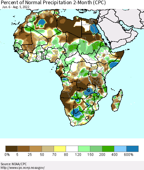 Africa Percent of Normal Precipitation 2-Month (CPC) Thematic Map For 6/6/2022 - 8/5/2022