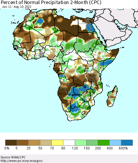 Africa Percent of Normal Precipitation 2-Month (CPC) Thematic Map For 6/11/2022 - 8/10/2022