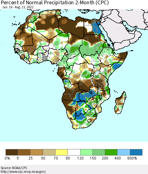 Africa Percent of Normal Precipitation 2-Month (CPC) Thematic Map For 6/16/2022 - 8/15/2022