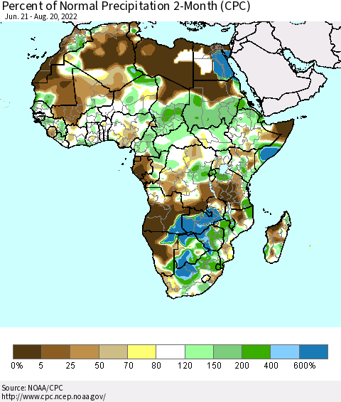 Africa Percent of Normal Precipitation 2-Month (CPC) Thematic Map For 6/21/2022 - 8/20/2022