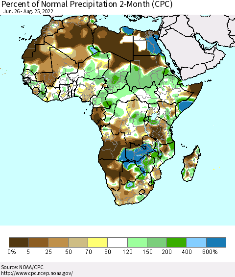 Africa Percent of Normal Precipitation 2-Month (CPC) Thematic Map For 6/26/2022 - 8/25/2022