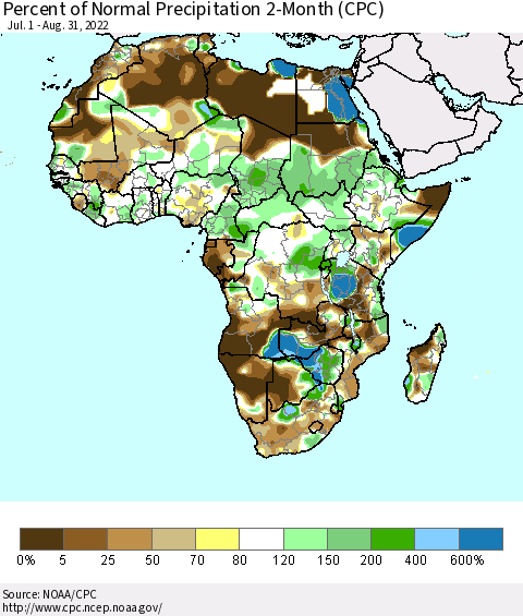 Africa Percent of Normal Precipitation 2-Month (CPC) Thematic Map For 7/1/2022 - 8/31/2022