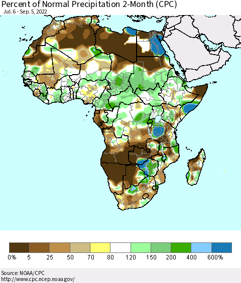 Africa Percent of Normal Precipitation 2-Month (CPC) Thematic Map For 7/6/2022 - 9/5/2022