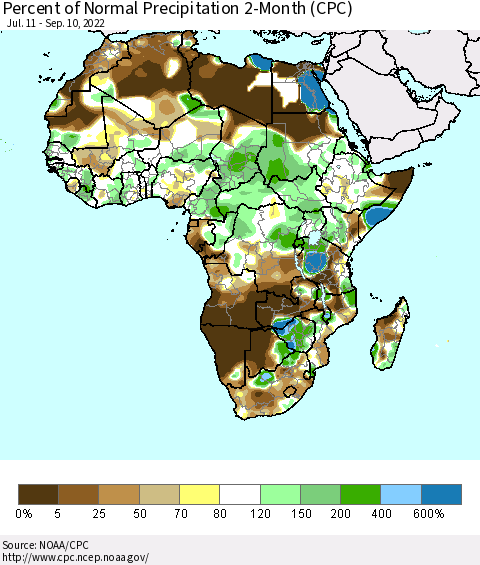 Africa Percent of Normal Precipitation 2-Month (CPC) Thematic Map For 7/11/2022 - 9/10/2022
