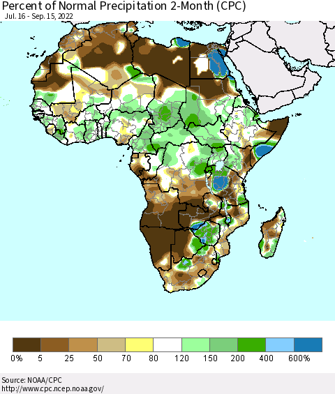 Africa Percent of Normal Precipitation 2-Month (CPC) Thematic Map For 7/16/2022 - 9/15/2022