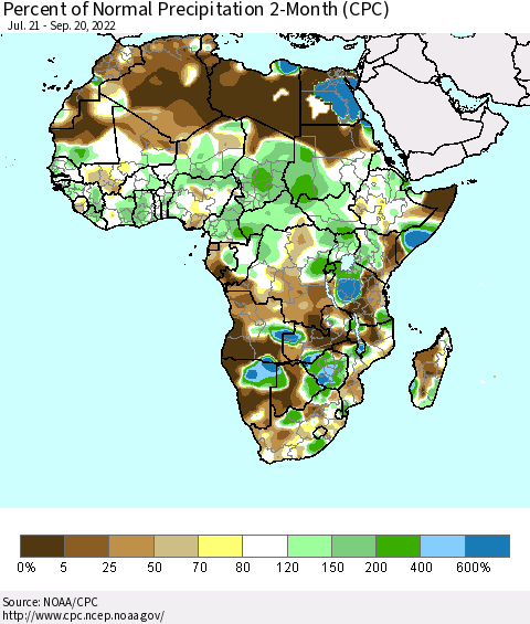 Africa Percent of Normal Precipitation 2-Month (CPC) Thematic Map For 7/21/2022 - 9/20/2022