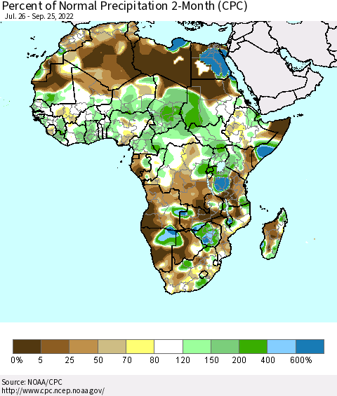 Africa Percent of Normal Precipitation 2-Month (CPC) Thematic Map For 7/26/2022 - 9/25/2022