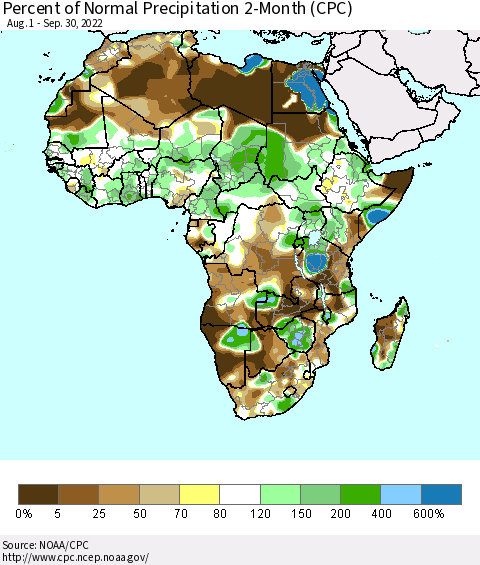 Africa Percent of Normal Precipitation 2-Month (CPC) Thematic Map For 8/1/2022 - 9/30/2022